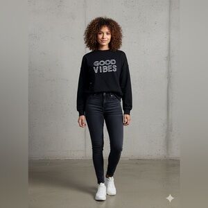 Marled Black Sweater with Good Vibes Print